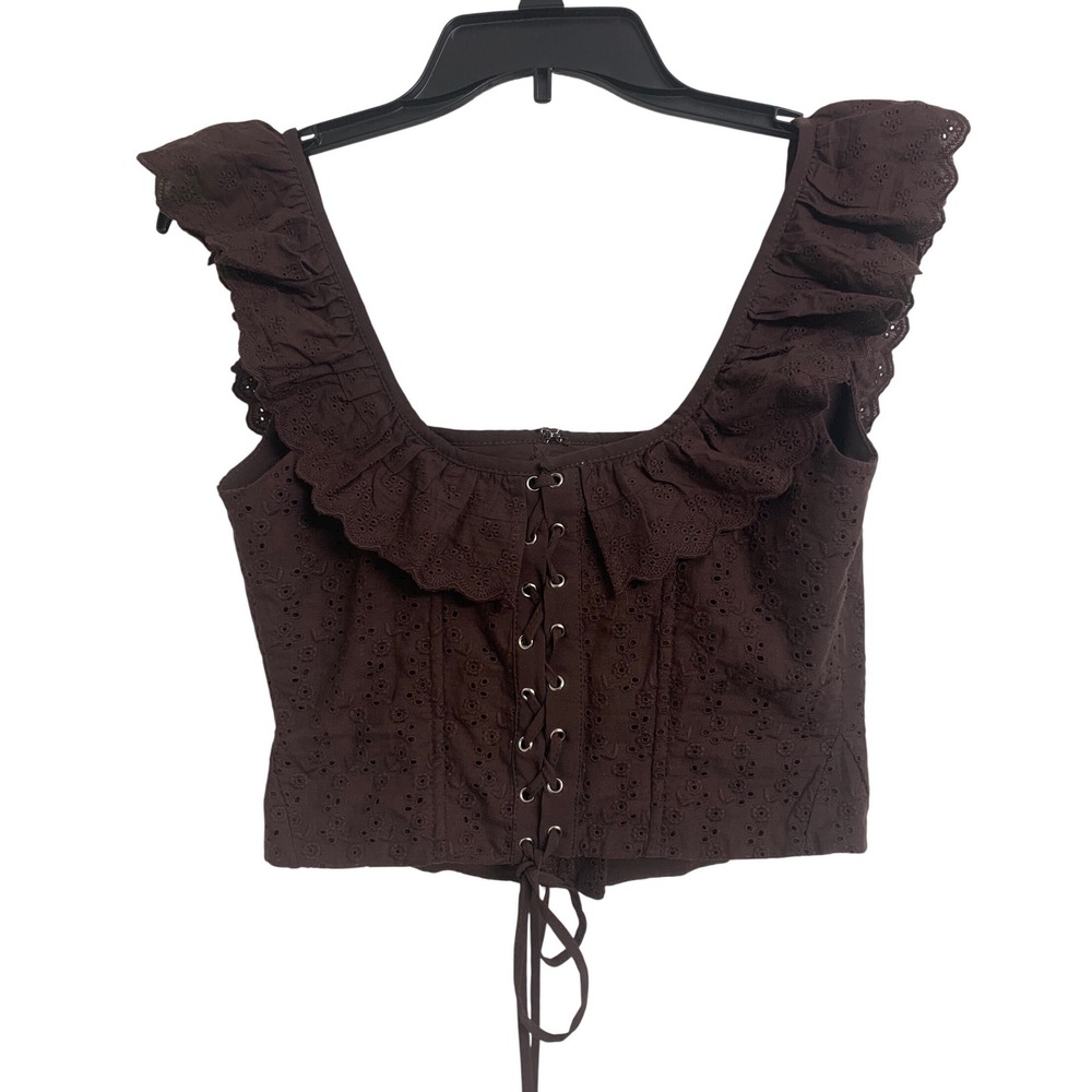Eyelet‎ Lace Corset Top Ruffle Square Neck Lace Up Cottagecore Brown M
